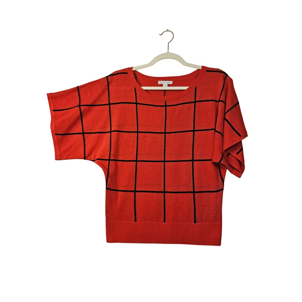 New York & Company Knit Top XS/S Red Black Windowpane Kimono Sleeve Lagen#832